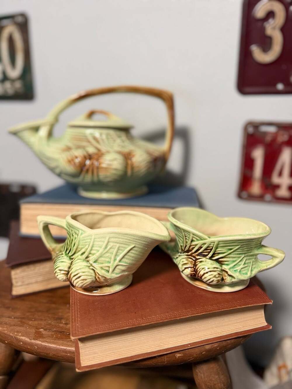 Vintage McCoy Pine Cone Green Glaze Teapot and Creamer Set